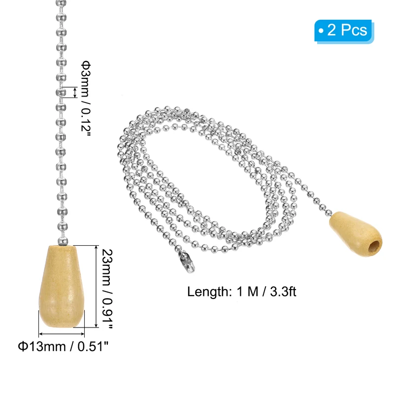 2 Pcs 1M Ceiling Fan Light Beaded Pull Chain with Wooden Pendant, Silver Tone