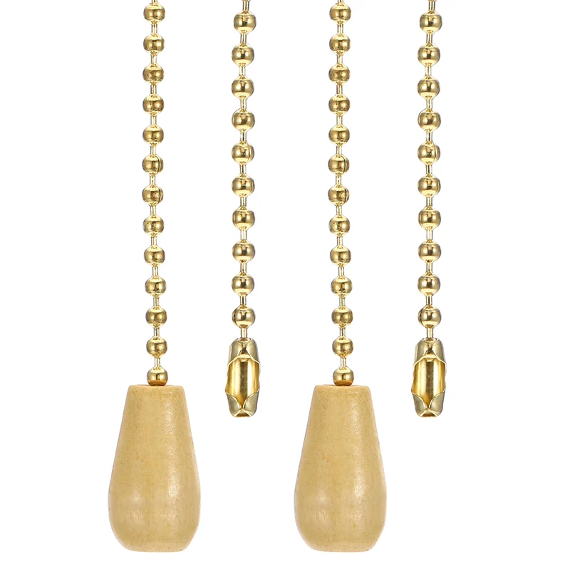 2 Pcs 1M Ceiling Fan Light Beaded Pull Chain with Wooden Pendant, Gold Tone