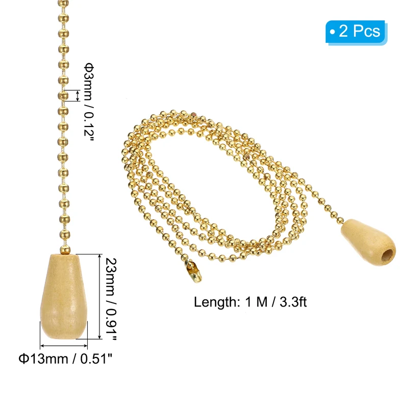 2 Pcs 1M Ceiling Fan Light Beaded Pull Chain with Wooden Pendant, Gold Tone