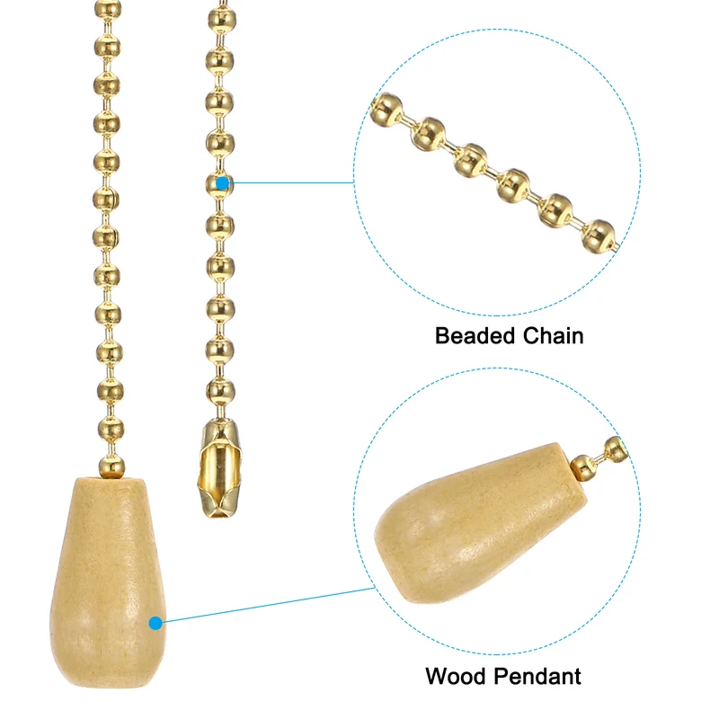2 Pcs 1M Ceiling Fan Light Beaded Pull Chain with Wooden Pendant, Gold Tone