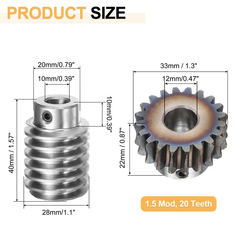 Worm Gear Set 1.5 Module 20:1 Reduction Rate Gear-12mm ID 33mm OD, Rod 10mm Bore