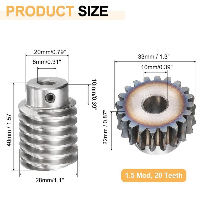 Worm Gear Set 1.5 Module 20:1 Reduction Rate Gear-10mm ID 33mm OD, Rod 8mm Bore