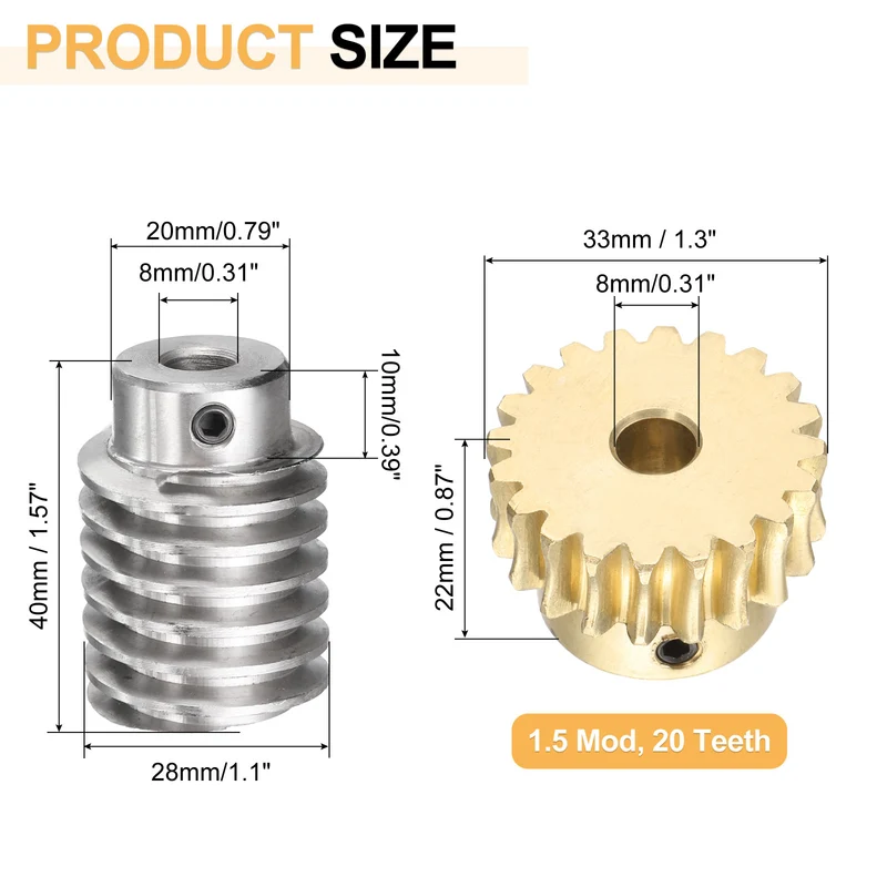Worm Gear Set 1.5 Module 20:1 Reduction Rate(Gear-8mm Bore Rod 8mm Bore)