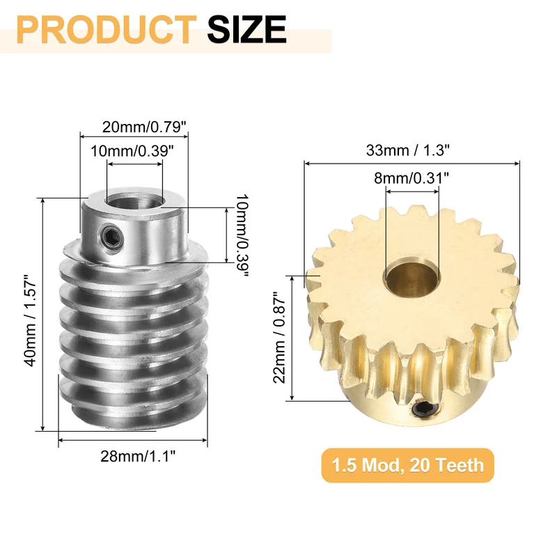 Worm Gear Set 1.5 Module 20:1 Reduction Rate(Gear-8mm Bore, Rod 10mm Bore)