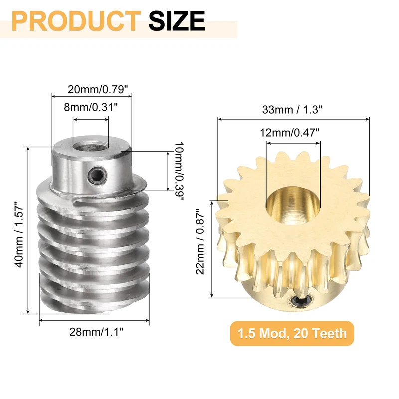 Worm Gear Set 1.5 Module 20:1 Reduction Rate(Gear-12mm Bore, Rod 8mm Bore)