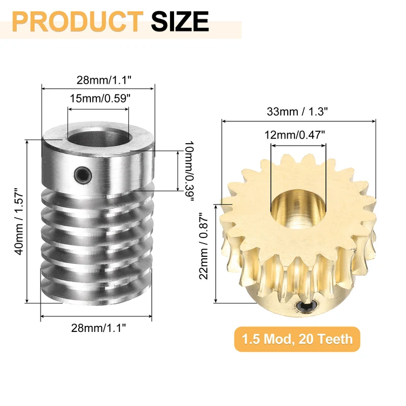 Worm Gear Set 1.5 Module 20:1 Reduction Rate(Gear-12mm Bore, Rod 15mm Bore)