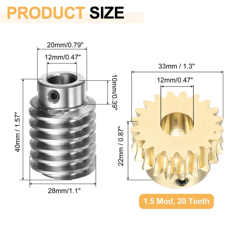Worm Gear Set 1.5 Module 20:1 Reduction Rate Gear-12mm Bore Rod 12mm Bore