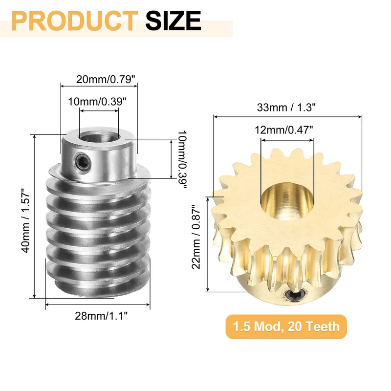 Worm Gear Set 1.5 Module 20:1 Reduction Rate(Gear-12mm Bore, Rod 10mm Bore)