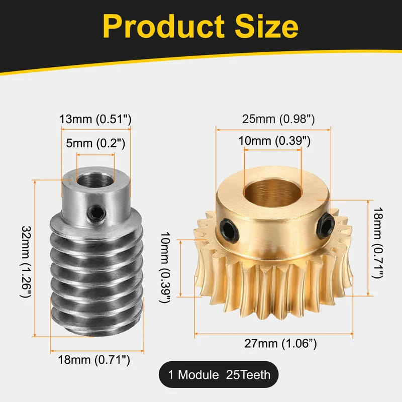 Worm Gear Set 1 Module 25:1 Reduction Rate(Gear-10mm Bore, Rod 5mm Bore)
