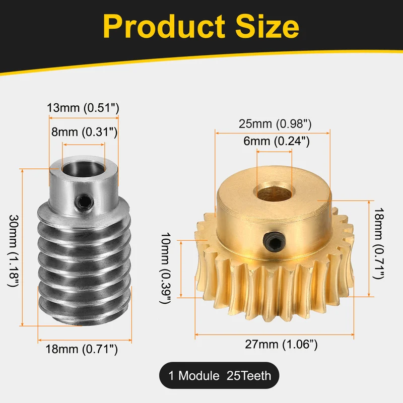 Worm Gear Set 1 Module 25:1 Reduction Rate(Gear-6mm Bore, Rod 8mm Bore)