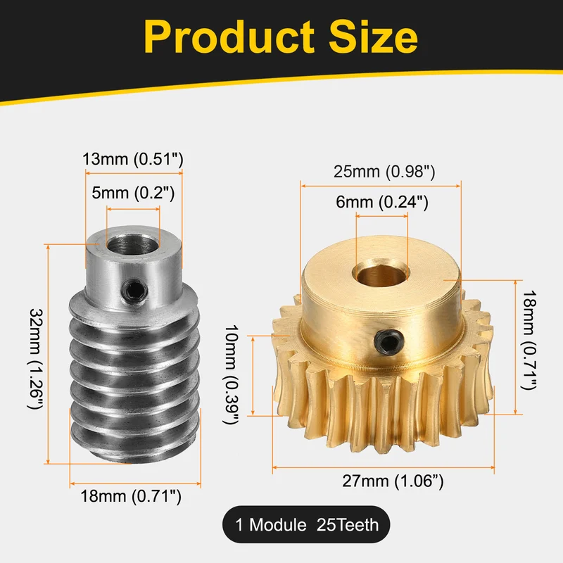 Worm Gear Set 1 Module 25:1 Reduction Rate(Gear-6mm Bore, Rod 5mm Bore)