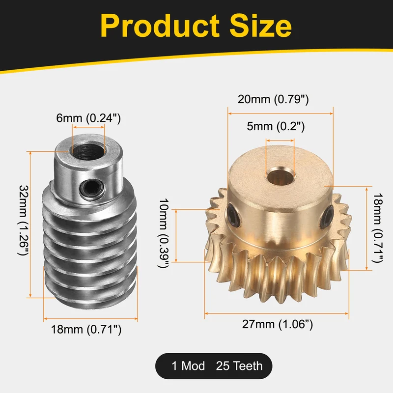 Worm Gear Set 1 Module 25:1 Reduction Rate(Gear-5mm Bore, Rod 6mm Bore)