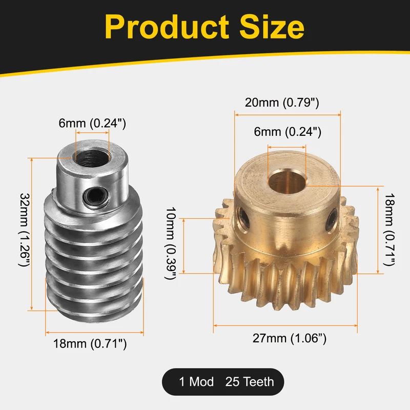 Worm Gear Set 1 Module 25:1 Reduction Rate(Gear-6mm Bore, Rod 6mm Bore)
