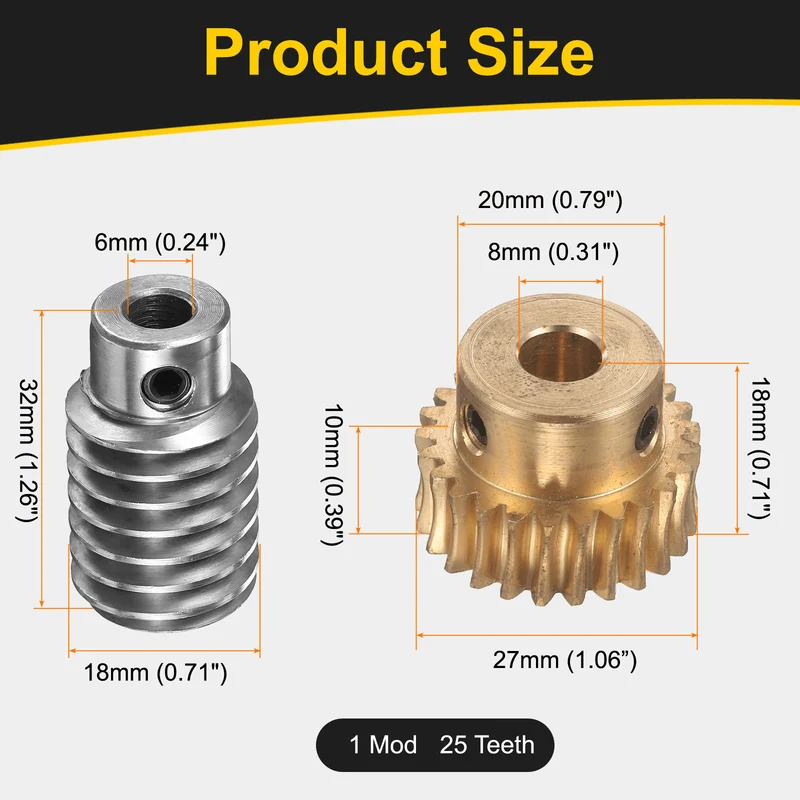 Worm Gear Set 1 Module 25:1 Reduction Rate(Gear-8mm Bore, Rod 6mm Bore)