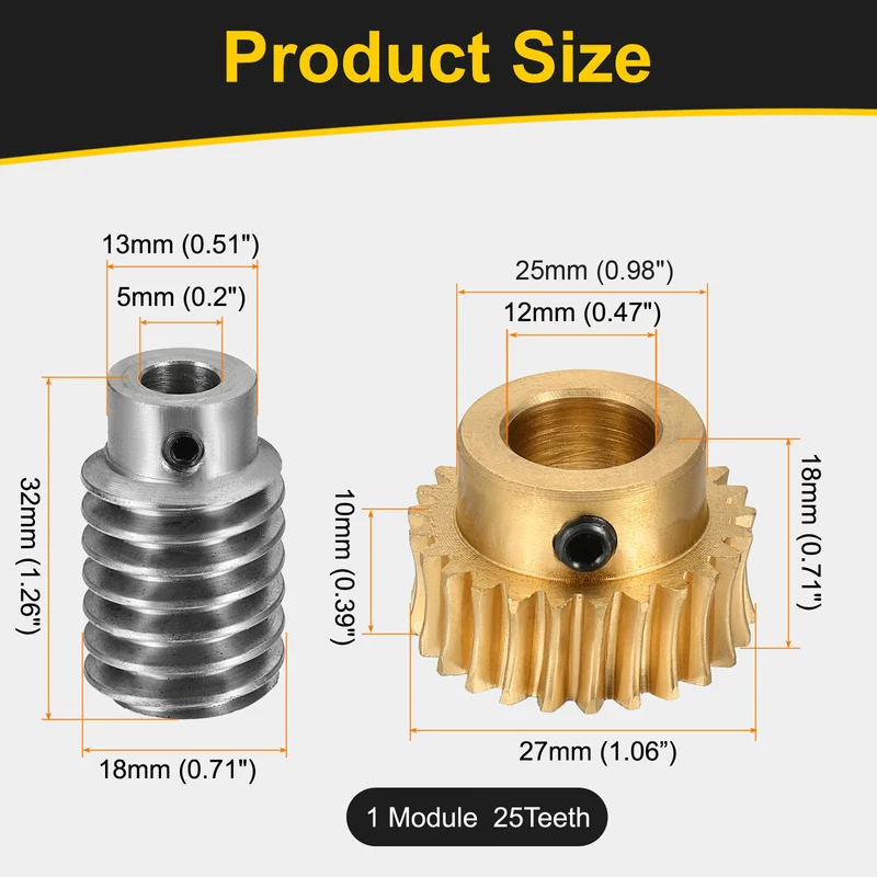 Worm Gear Set 1 Module 25:1 Reduction Rate(Gear-12mm Bore, Rod 5mm Bore)