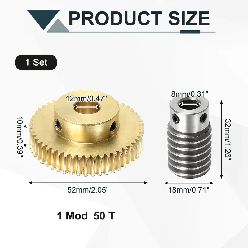 Worm Gear Set 1M 50T, 1:50 304 Stainless Steel Worm, Brass Gear 12mm/8mm Bore
