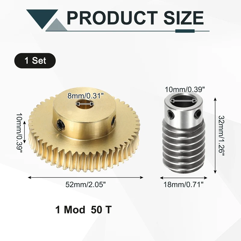 Worm Gear Set 1M 50T, 1:50 304 Stainless Steel Worm, Brass Gear 8mm/10mm Bore