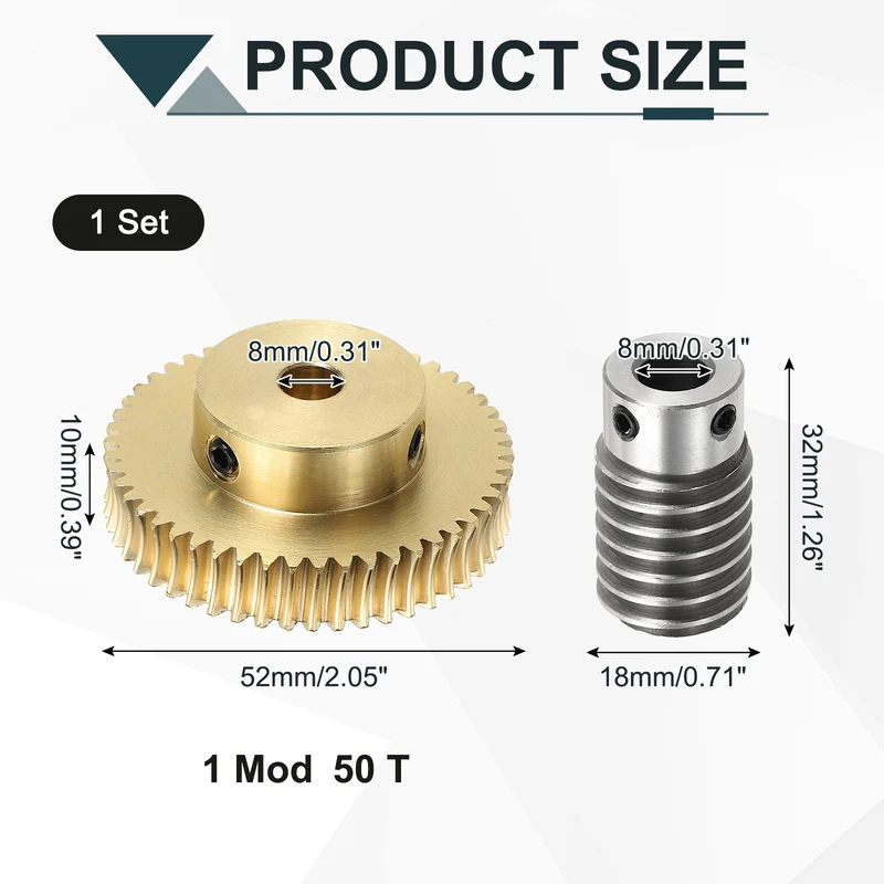 Worm Gear Set 1M 50T, 1:50 304 Stainless Steel Worm, Brass Gear 8mm/8mm Bore