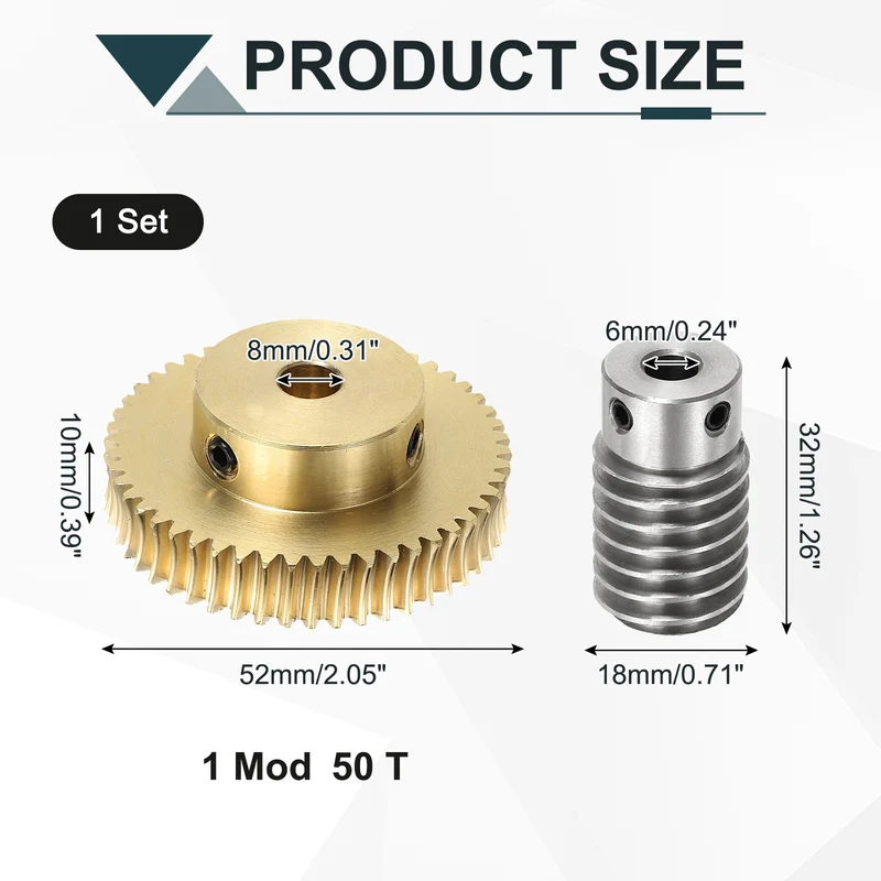 Worm Gear Set 1M 50T, 1:50 304 Stainless Steel Worm, Brass Gear 8mm/6mm Bore