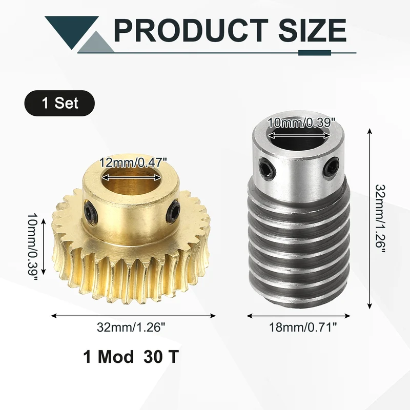 Worm Gear Set 1M 30T, 1:30 304 Stainless Steel Worm, Brass Gear 12mm/10mm Bore