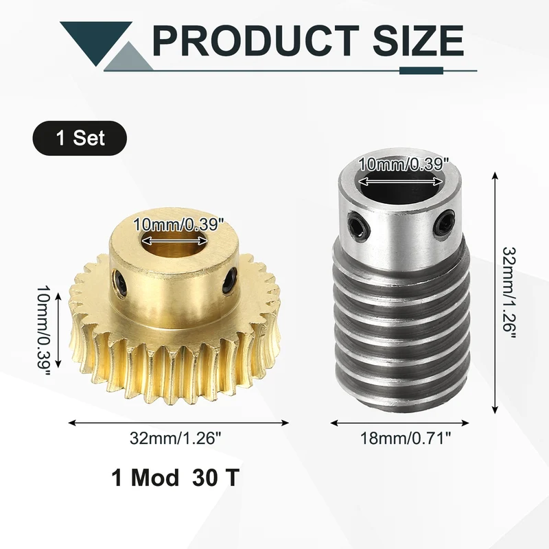 Worm Gear Set 1M 30T, 1:30 304 Stainless Steel Worm, Brass Gear 10mm/10mm Bore
