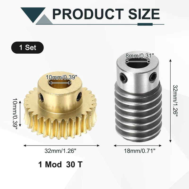 Worm Gear Set 1M 30T, 1:30 304 Stainless Steel Worm, Brass Gear 10mm/8mm Bore