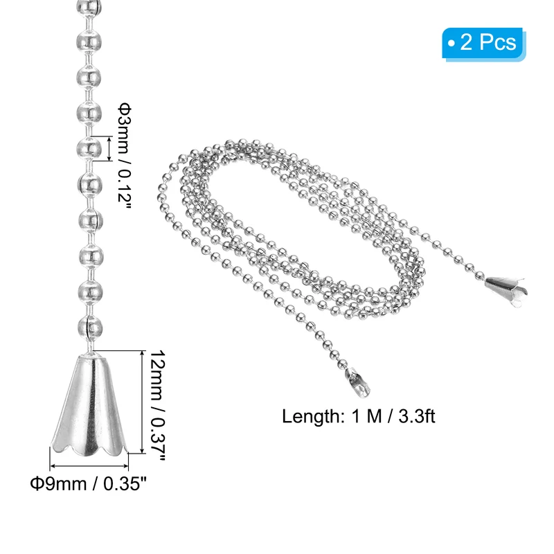 2 Pcs 1M Ceiling Fan Light Beaded Pull Chain with Conical Pendant, Silver Tone