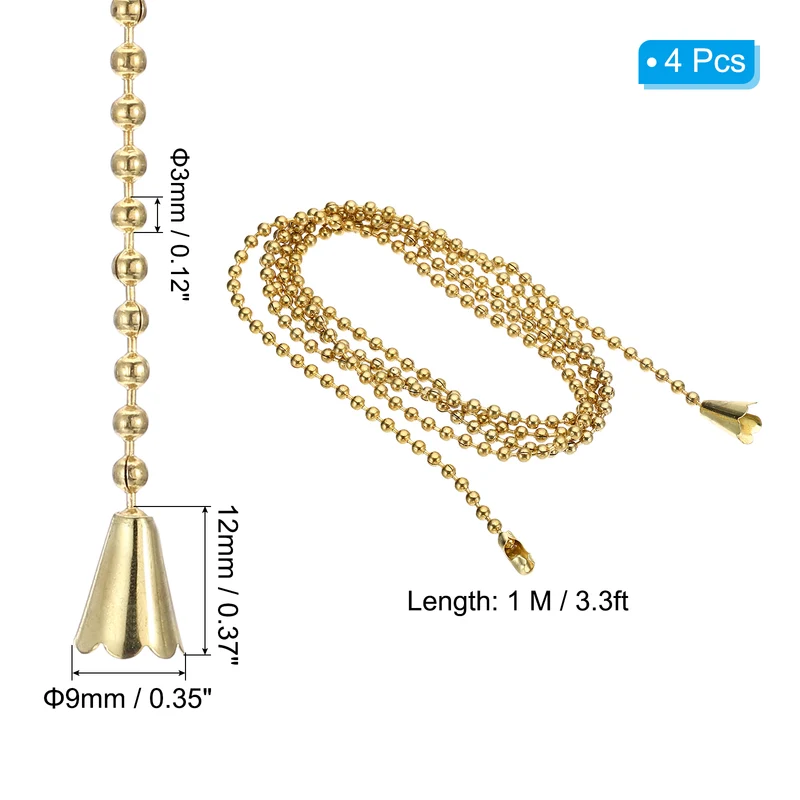 4 Pcs 1M Ceiling Fan Light Beaded Pull Chain with Conical Pendant, Gold Tone