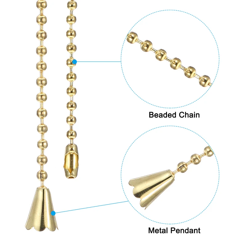 2 Pcs 1M Ceiling Fan Light Beaded Pull Chain with Conical Pendant, Gold Tone