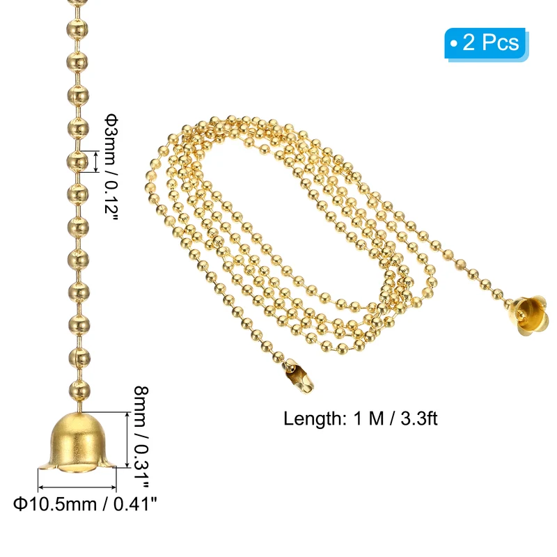 2 Pcs 1M Ceiling Fan Light Beaded Pull Chain with Flower Pendant, Gold Tone