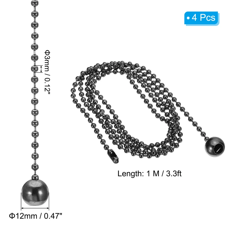 4 Pcs 3.3ft 1M Ceiling Fan Light Beaded Pull Chain with Ball Pendant, Black