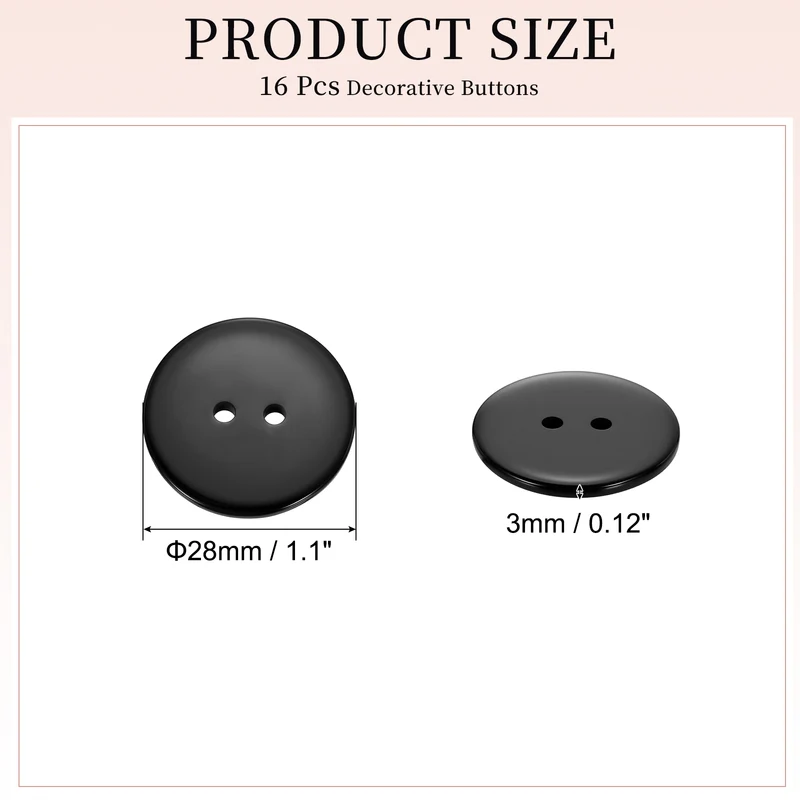 16 Pcs 28mm Resin Sewing Buttons, 2 Hole for Sewing Coats Shirts, Black