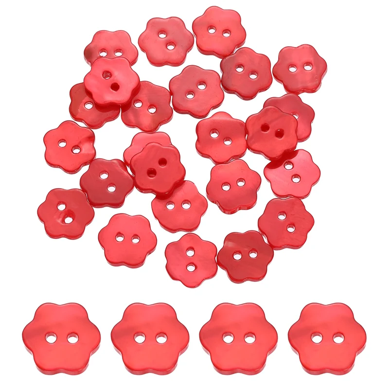 30 Pcs Flower Shaped Mother of Pearl Buttons 2 Holes 11mm for Sewing Red