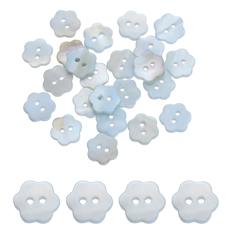 30 Pcs Flower Shaped Mother of Pearl Buttons 2 Holes 11mm for Sewing Blue
