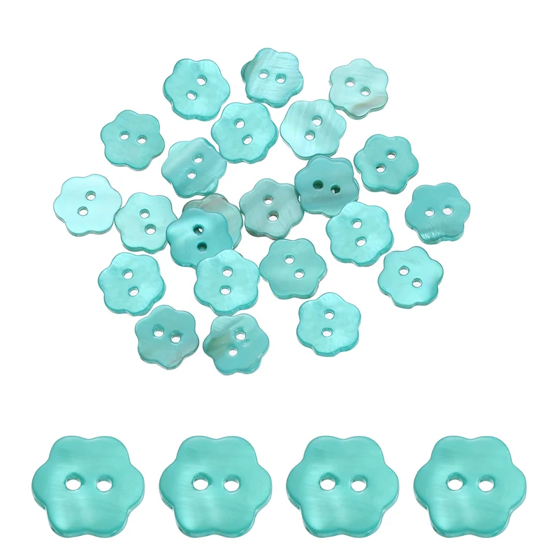 30 Pcs Flower Shaped Mother of Pearl Buttons 2 Holes 11mm for Sewing Green