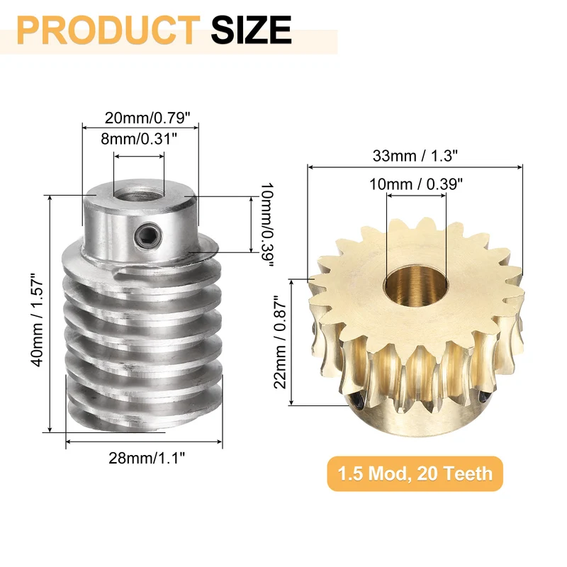 Worm Gear Set 1.5 Module 20:1 Reduction Rate(Gear-10mm Bore, Rod 8mm Bore)