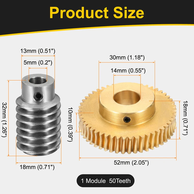 Worm Gear Set 1 Module 50:1 Reduction Rate(Gear-14mm Bore, Rod 5mm Bore)