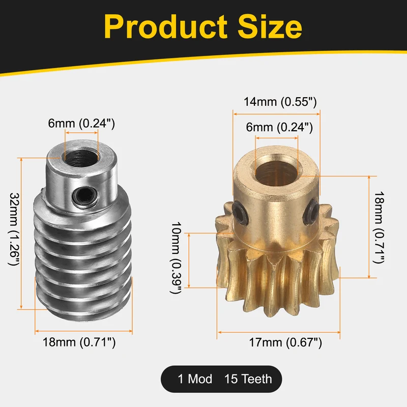 Worm Gear Set 1 Module 15:1 Reduction Rate(Gear-6mm Bore, Rod 6mm Bore)