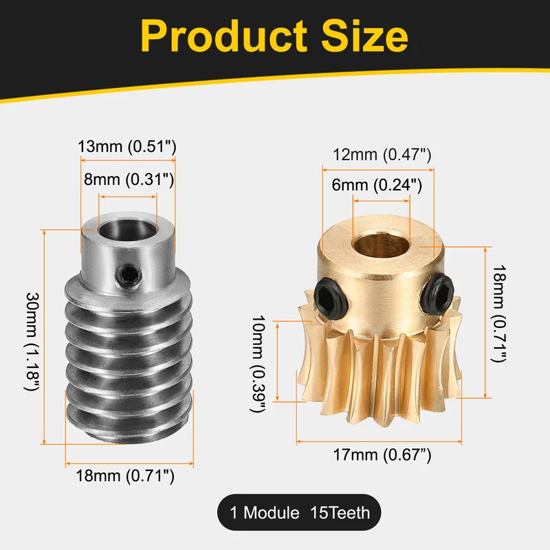 Worm Gear Set 1 Module 15:1 Reduction Rate(Gear-6mm Bore, Rod 8mm Bore)