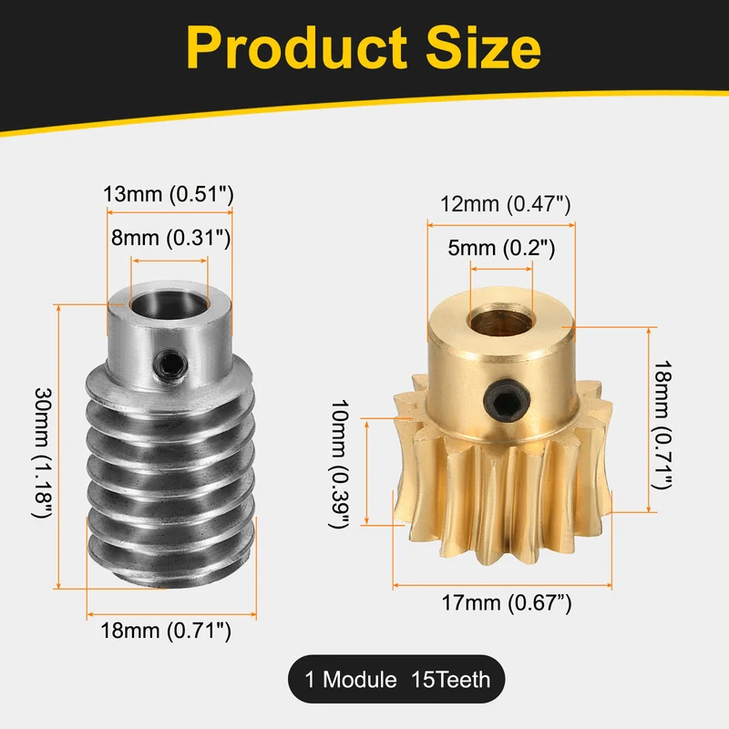 Worm Gear Set 1 Module 15:1 Reduction Rate(Gear-5mm Bore, Rod 8mm Bore)