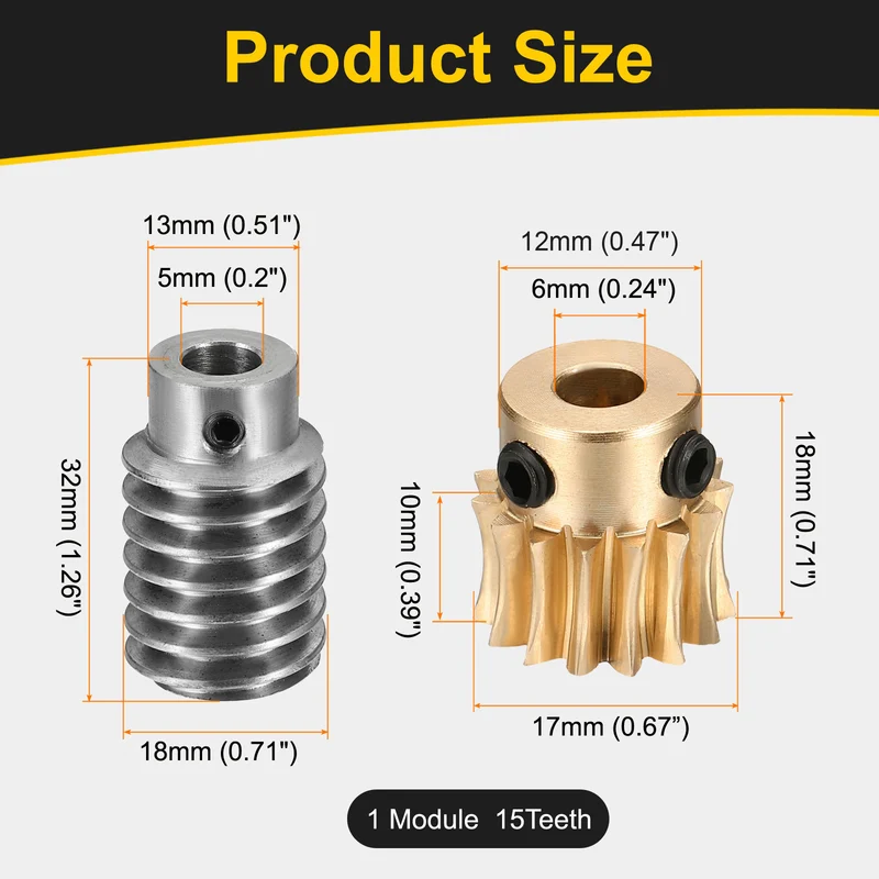 Worm Gear Set 1 Module 15:1 Reduction Rate(Gear-6mm Bore, Rod 5mm Bore)