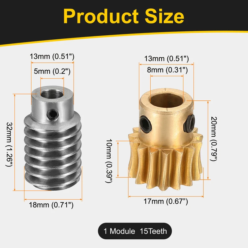 Worm Gear Set 1 Module 15:1 Reduction Rate(Gear-8mm Bore, Rod 5mm Bore)