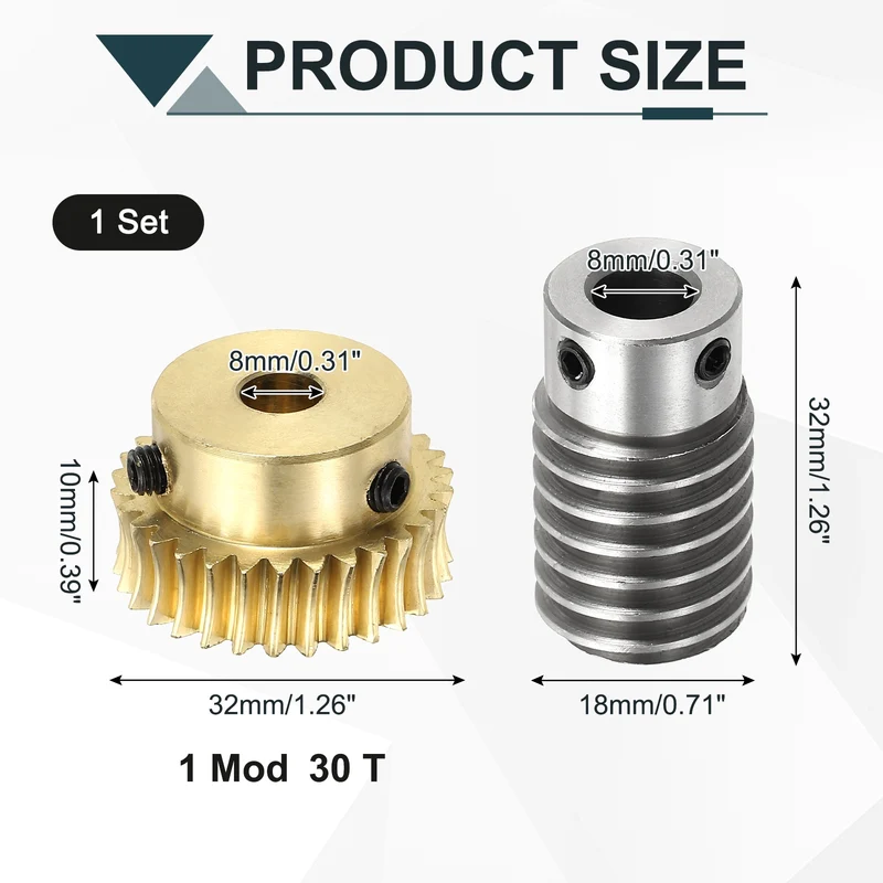 Worm Gear Set 1M 30T, 1:30 304 Stainless Steel Worm, Brass Gear 8mm/8mm Bore