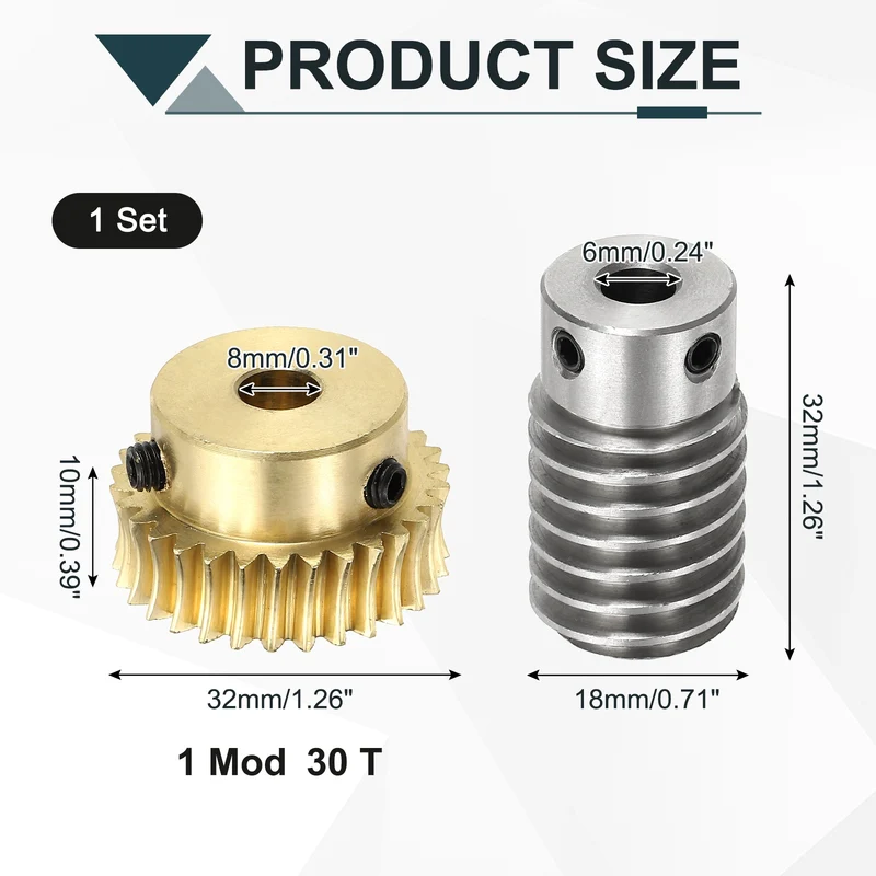 Worm Gear Set 1M 30T, 1:30 304 Stainless Steel Worm, Brass Gear 8mm/6mm Bore
