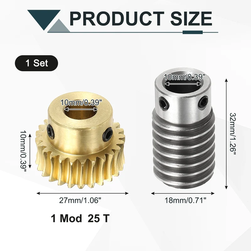 Worm Gear Set 1M 25T, 1:25 304 Stainless Steel Worm, Brass Gear 10mm/10mm Bore