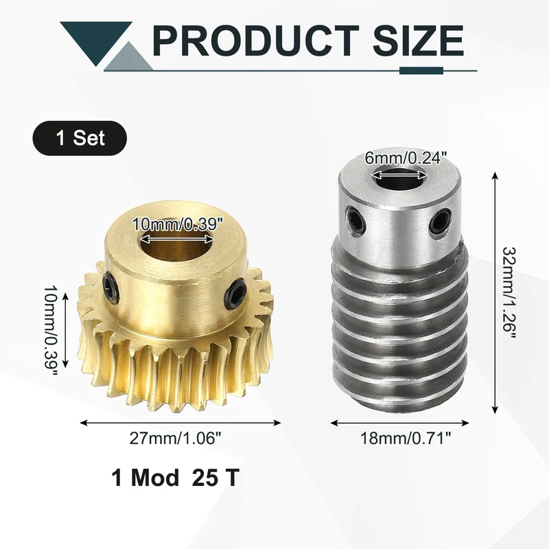 Worm Gear Set 1M 25T, 1:25 304 Stainless Steel Worm, Brass Gear 10mm/6mm Bore
