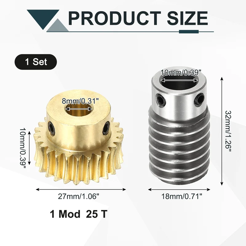 Worm Gear Set 1M 25T, 1:25 304 Stainless Steel Worm, Brass Gear 8mm/10mm Bore