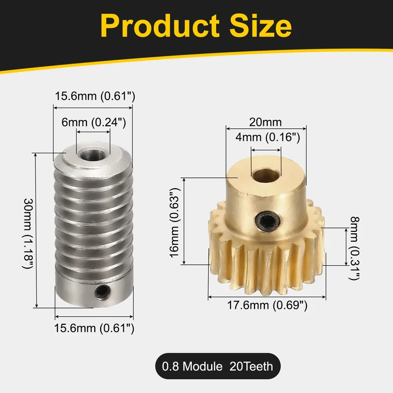 Worm Gear Set 0.8 Module 1:20 Reduction Rate(Gear-4mm Bore, Rod 5mm Bore)
