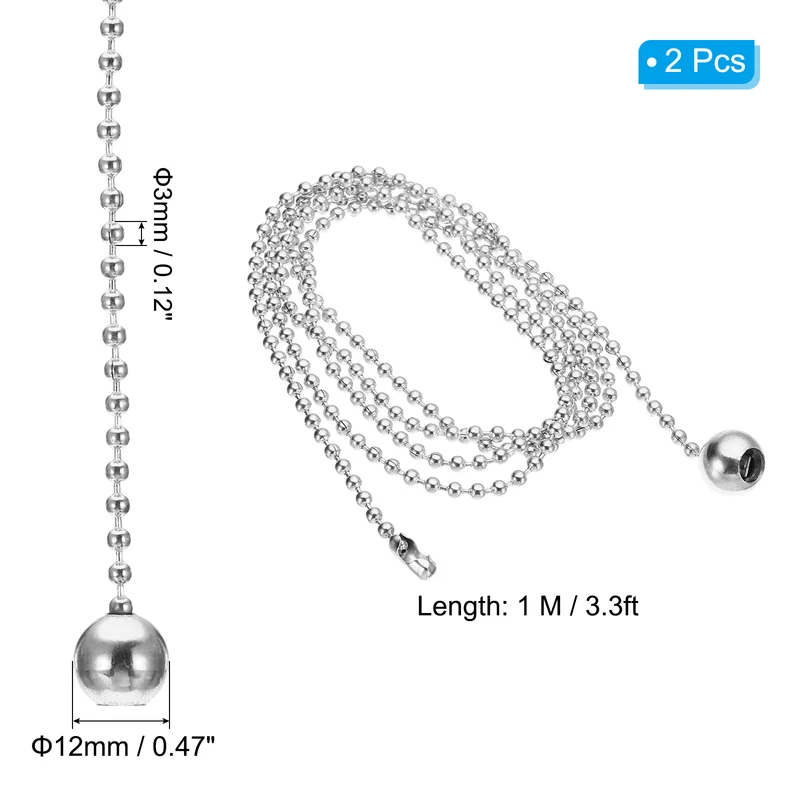 2Pcs 1M Ceiling Fan Light Beaded Pull Chain with Ball Pendant Silver Tone