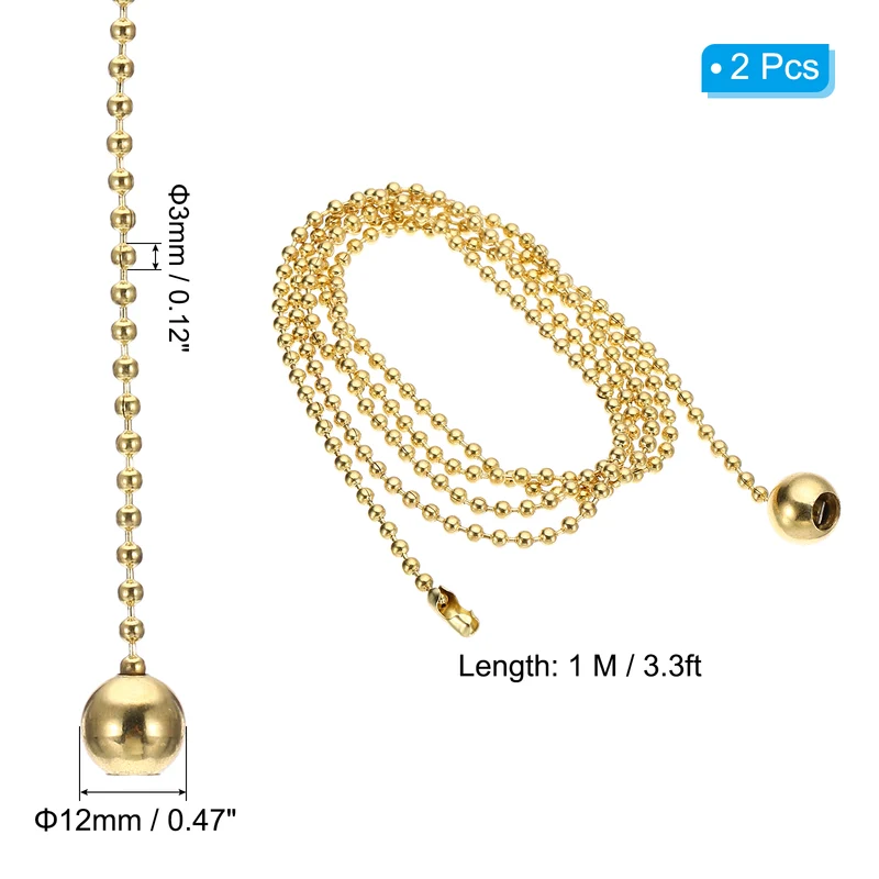 2 Pcs 1M Ceiling Fan Light Beaded Pull Chain with Ball Pendant Gold Tone